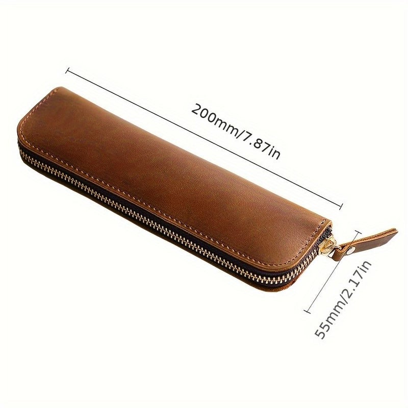 Coffee Color Top Grain Leather Zipper Pencil Case For Men Fountain Pens - Image 2
