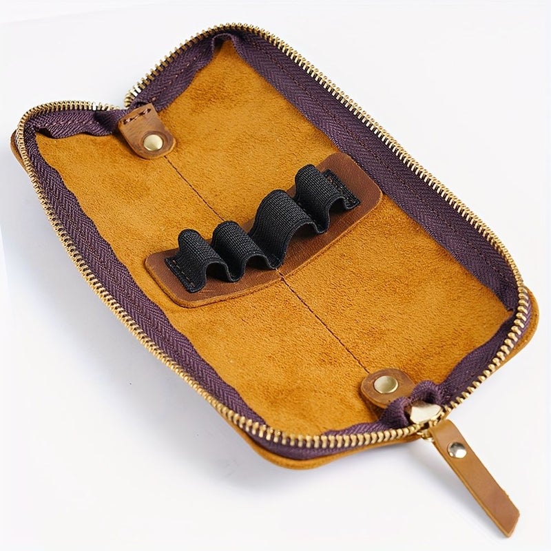 Coffee Color Top Grain Leather Zipper Pencil Case For Men Fountain Pens - Image 3