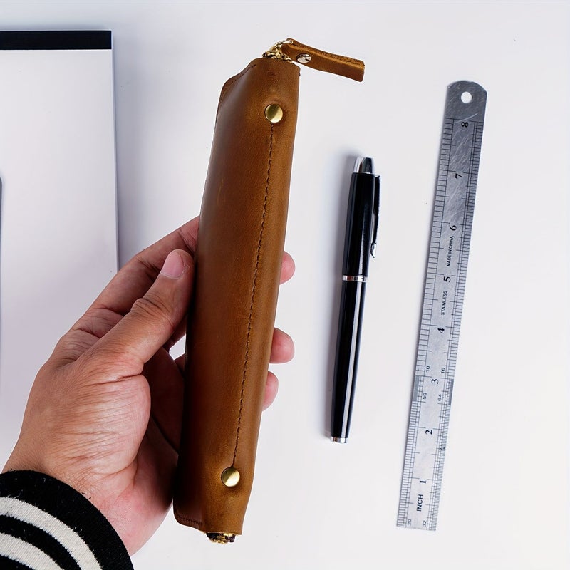 Coffee Color Top Grain Leather Zipper Pencil Case For Men Fountain Pens - Image 4