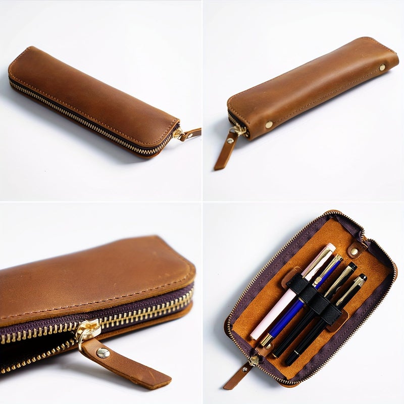 Coffee Color Top Grain Leather Zipper Pencil Case For Men Fountain Pens - Image 5