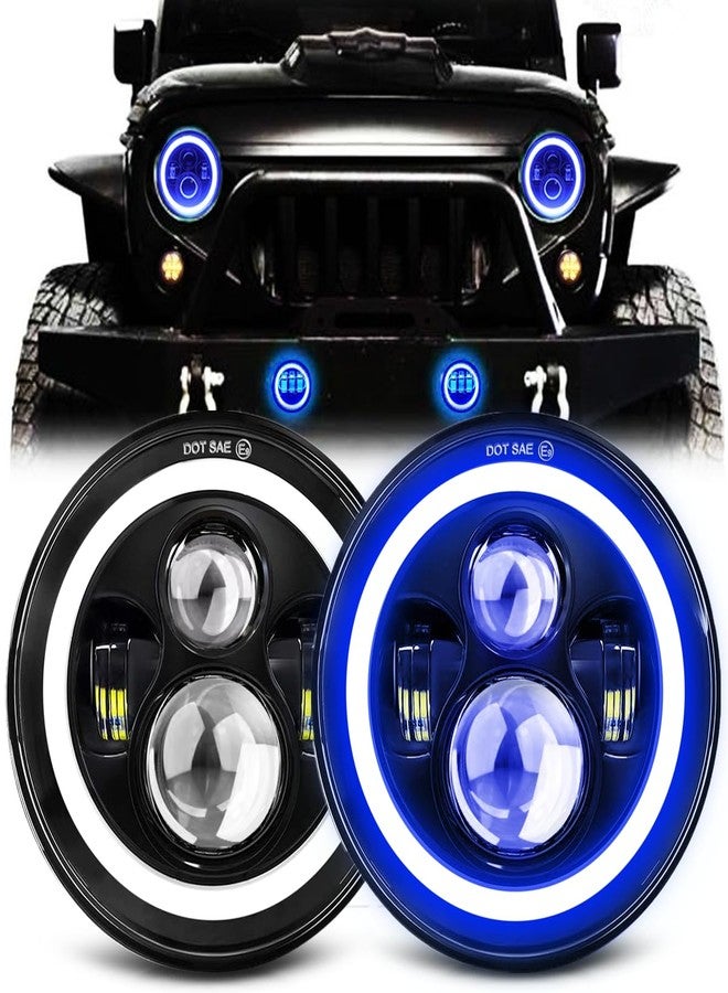 MGLLIGHT 7 Inch LED Headlights with Blue Halo Ring Amber Turn Signal Wrangler Headlights High/Low Sealed Beam Projector Compatible with JK LJ CJ TJ H6024 LED Headlamps, 2PCS Blue - Image 1