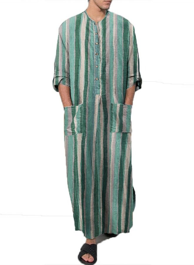 Loquat Men's Traditional Dresses Long Sleeve Striped Henley Shirts Kaftan Muslim Long Gown Thobe Robe for Men Striped Green