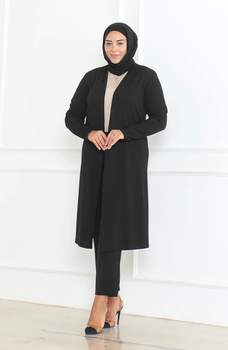 Plus Size Flowy Long Seasonal Mother Cardigan 8740A-01 Black