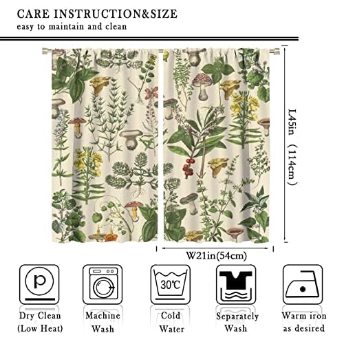 JanJCurt Vintage Botanical CurtainsAntique 1900s Plants Herbs Mushroom Blackout Window Drapes for KitchenBoho Retro Wildflower Green Leaf Ferns Farmhouse Window Treatment for Living Room 42x45 Inch - Image 3