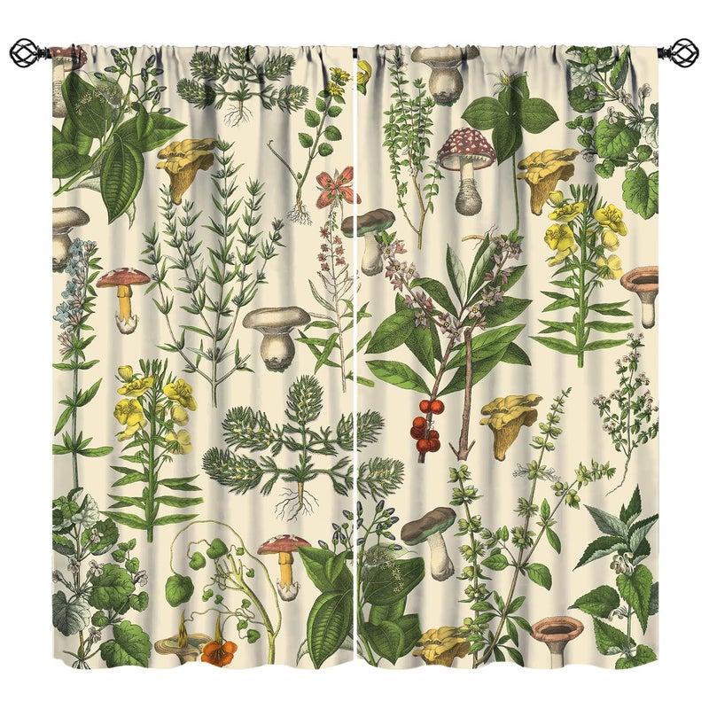 JanJCurt Vintage Botanical CurtainsAntique 1900s Plants Herbs Mushroom Blackout Window Drapes for KitchenBoho Retro Wildflower Green Leaf Ferns Farmhouse Window Treatment for Living Room 42x45 Inch - Image 2