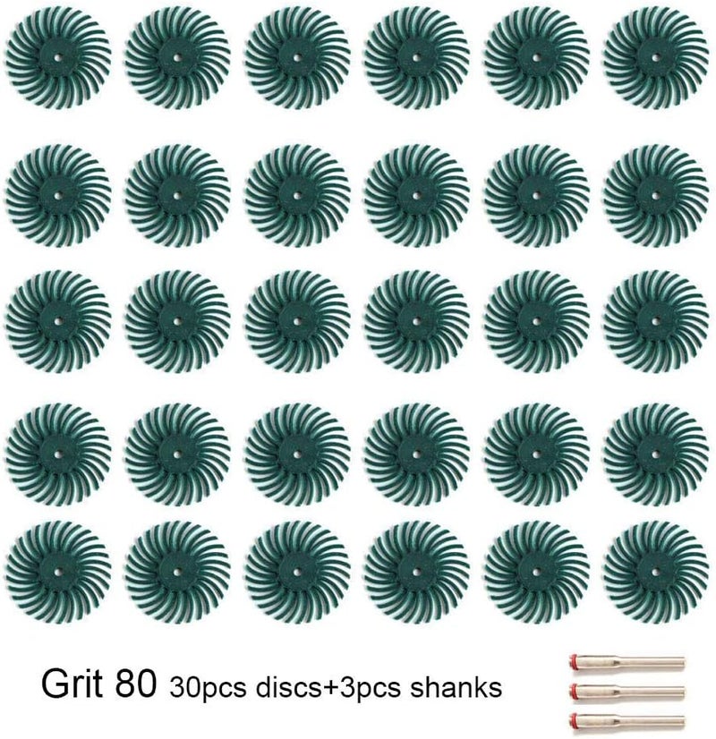 FPPO 30pcs 1 Inch Radial Bristle Disc Kit with 1/8" 3 mm Shank for Rotary Tools,Detail Abrasive Wheel for Jewelry wood metal Polishing, Bristle Buffing Wheel (Grit 80) - Image 5