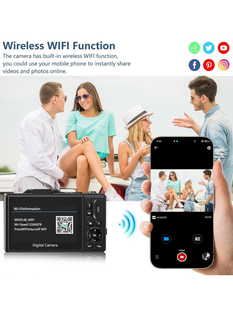 4K Digital Camera for Photography, WiFi 64MP Autofocus Vlogging Camera for YouTube with 3" 180°Flip Screen, 18X Digital Zoom Compact Vlog Travel Camera with 32GB SD Card, Batteries, Black - Image 4
