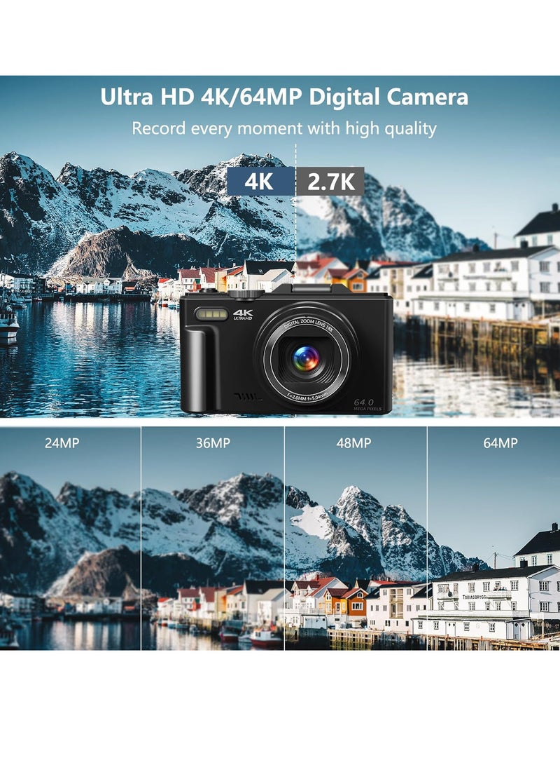 4K Digital Camera for Photography, WiFi 64MP Autofocus Vlogging Camera for YouTube with 3" 180°Flip Screen, 18X Digital Zoom Compact Vlog Travel Camera with 32GB SD Card, Batteries, Black - Image 3