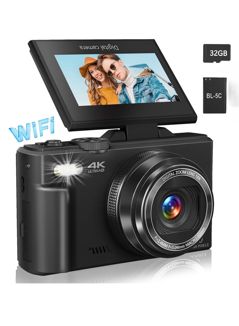 4K Digital Camera for Photography, WiFi 64MP Autofocus Vlogging Camera for YouTube with 3" 180°Flip Screen, 18X Digital Zoom Compact Vlog Travel Camera with 32GB SD Card, Batteries, Black - Image 1