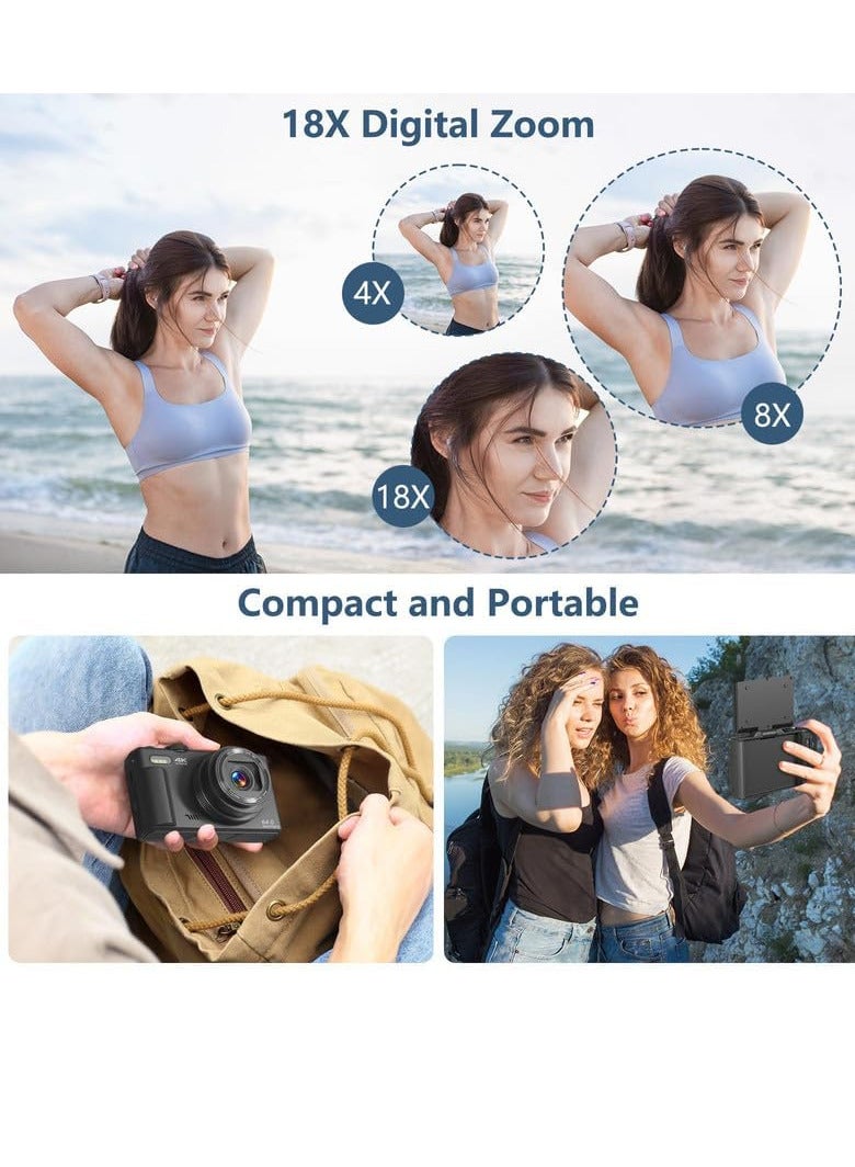 4K Digital Camera for Photography, WiFi 64MP Autofocus Vlogging Camera for YouTube with 3" 180°Flip Screen, 18X Digital Zoom Compact Vlog Travel Camera with 32GB SD Card, Batteries, Black - Image 5
