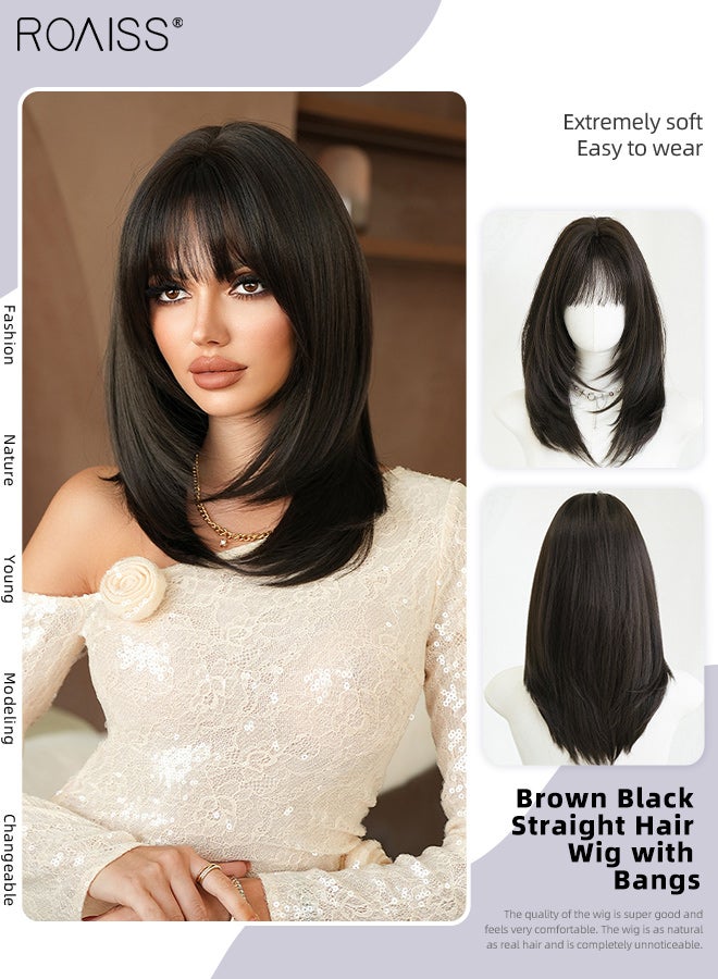 رويس باروكة شعر مستعار مستقيمة بنية سوداء متعددة الطبقات مع غرة للنساء، شعر مستعار صناعي ناعم طبيعي مقاوم للحرارة لحفلات الزفاف والتنكر للاستخدام اليومي، مظهر طبيعي 50 سم (19.7 بوصة) - Image 1