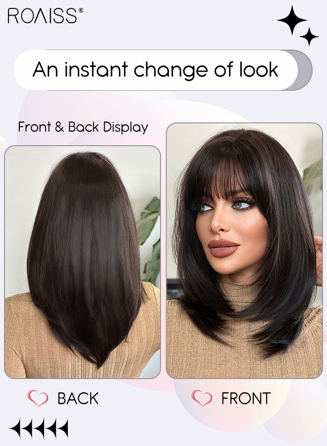 رويس باروكة شعر مستعار مستقيمة بنية سوداء متعددة الطبقات مع غرة للنساء، شعر مستعار صناعي ناعم طبيعي مقاوم للحرارة لحفلات الزفاف والتنكر للاستخدام اليومي، مظهر طبيعي 50 سم (19.7 بوصة) - Image 2