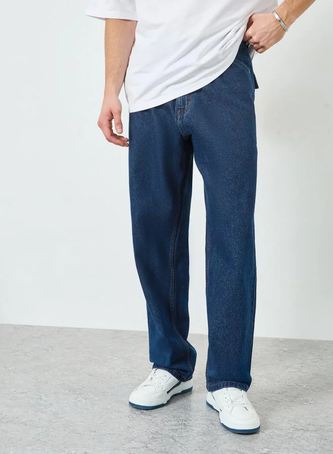 Styli Men Blue Clean Raw Loose Fit Jeans with Stitch Detail