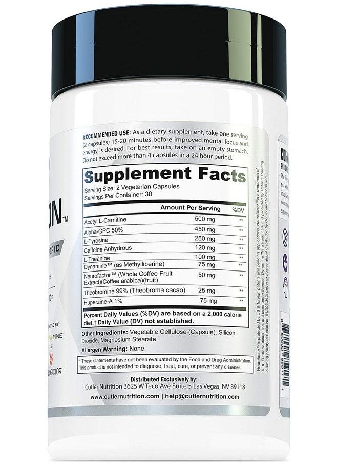 Cutler Nutrition - Cognition High Potency Brain Nootropic Focus Supplement: Best Nootropic And Energy Pills For Mental Clarity Memory Studying Gaming And Work ; Alpha Gpc Dynamine Caffeine L Theanine 60 Count - Image 1
