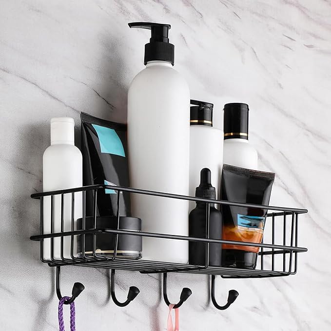 Bathroom Shelf Organizer with Magic Stickers | Self-Adhesive | Premium Rectangular Shower Caddy -Sleek Black Powder Coated- Ideal for Kitchen Essentials and Bathroom Accessories | Pack of 1  - Image 5