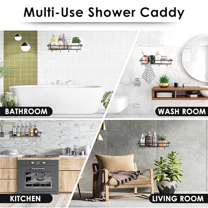 Bathroom Shelf Organizer with Magic Stickers | Self-Adhesive | Premium Rectangular Shower Caddy -Sleek Black Powder Coated- Ideal for Kitchen Essentials and Bathroom Accessories | Pack of 1  - Image 4