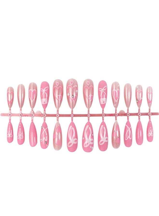 KZBTRBT 24Pcs Cute Valentines Press on Nails Medium Almond Fake Nails Press ons 3D Rhinestone & Pearls Designs Pink Glossy False Nails Cute Bow Heart Full Cover Pink Glitter Artificial Acrylic Nails for Women - Image 4