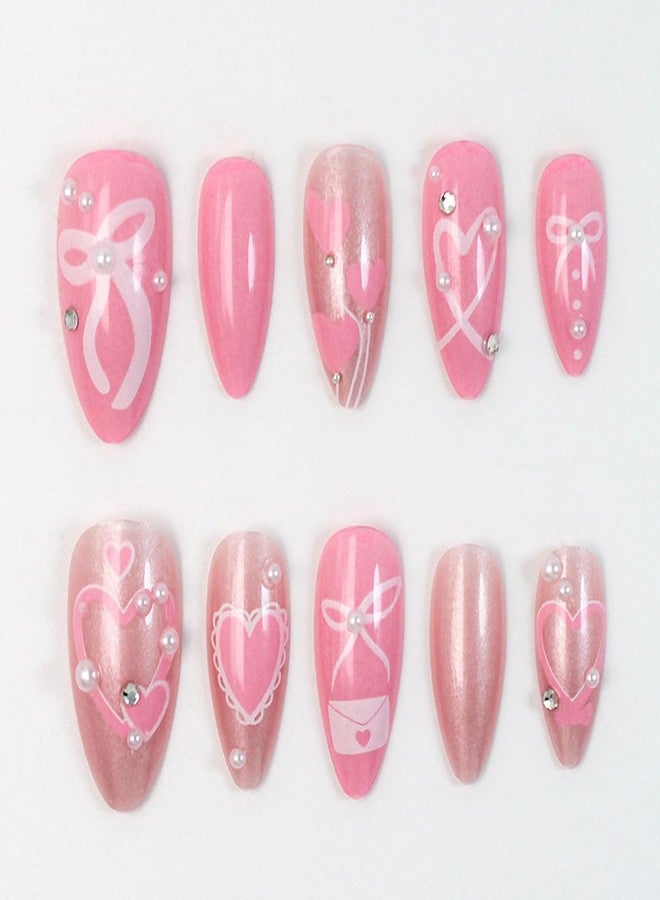 KZBTRBT 24Pcs Cute Valentines Press on Nails Medium Almond Fake Nails Press ons 3D Rhinestone & Pearls Designs Pink Glossy False Nails Cute Bow Heart Full Cover Pink Glitter Artificial Acrylic Nails for Women - Image 1