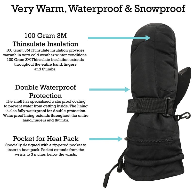 N'Ice Caps Men & Women Mittens Waterproof Snow Gloves 100 Gram Thinsulate Extreme Cold Weather (Men's XL/XXL, Mittens - Black) - Image 2