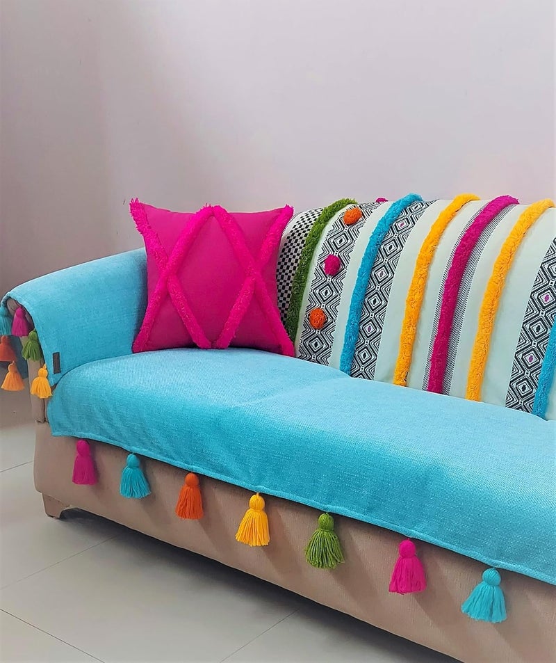 WWW.THROWPILLOW.IN WWWTHROWPILLOWIN Blue Bohemian HandEmbroidered ThreeSeater Tassel Sofa Cover SetSeat Back Covers Colouful Boho Slipcovers Tassel Sofa Throw Diwali Living Room Decor 