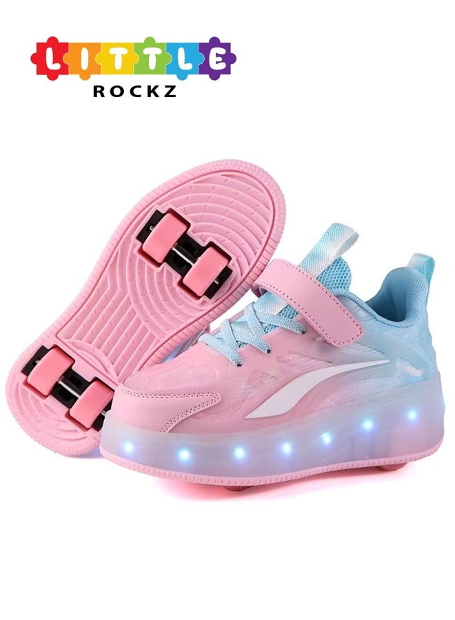 LITTLE ROCKZ Kids Four Wheel Roller Shoes Rechargeable LED Flash Light Sneaker Skate Heelys Shoes Blue - Image 1