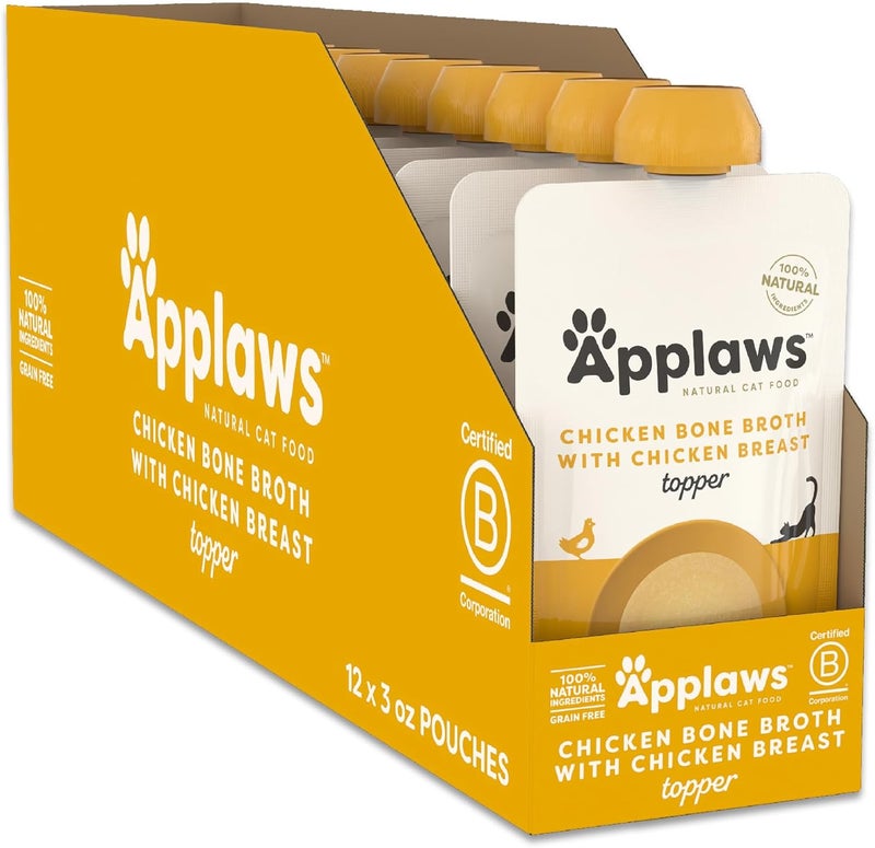 Applaws Natural Bone Broth Wet Cat Food Topper, Limited Ingredient Bone Broth for Cats, Wet Food Topper for Cats with No Artificials, Chicken Breast (12 x 3oz Spout Pouches) - Image 1