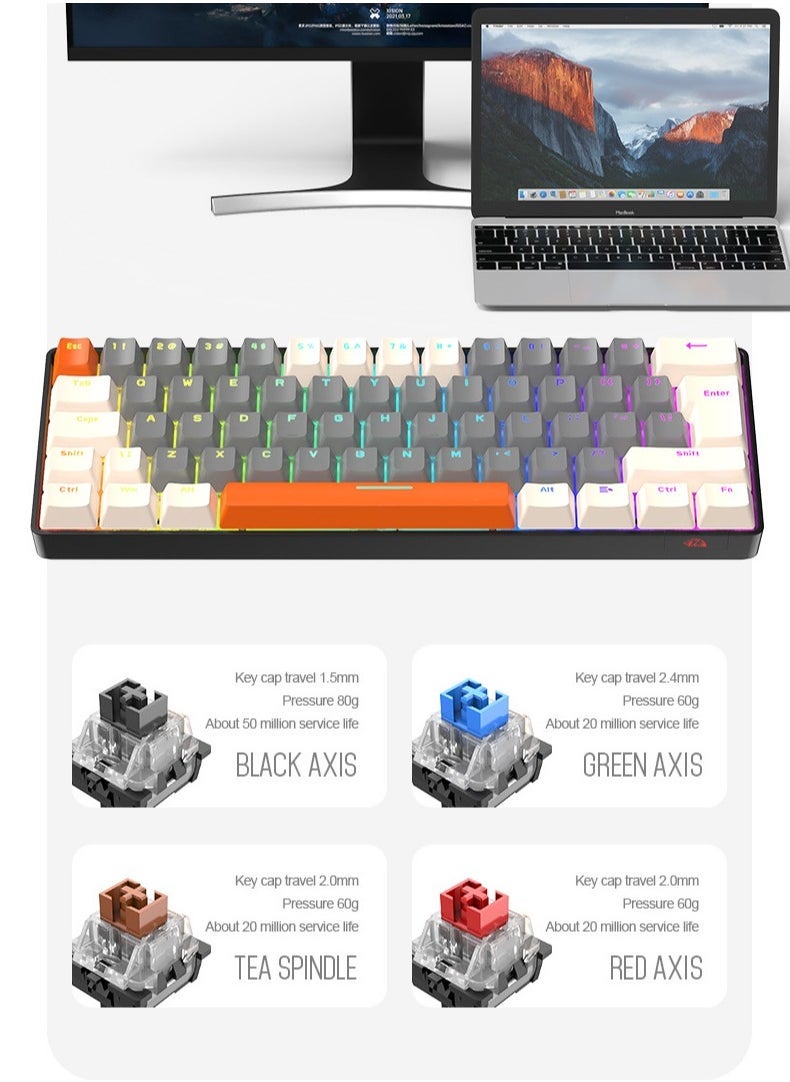 T-WOLF - 62 Keys Colorful Lights Switch Mechanical Gaming Keyboard 75% Mini Wired Waterproof Backlit Silent White RGB Color Suitable for PC/Ps4/Xbox Gamers - Image 1