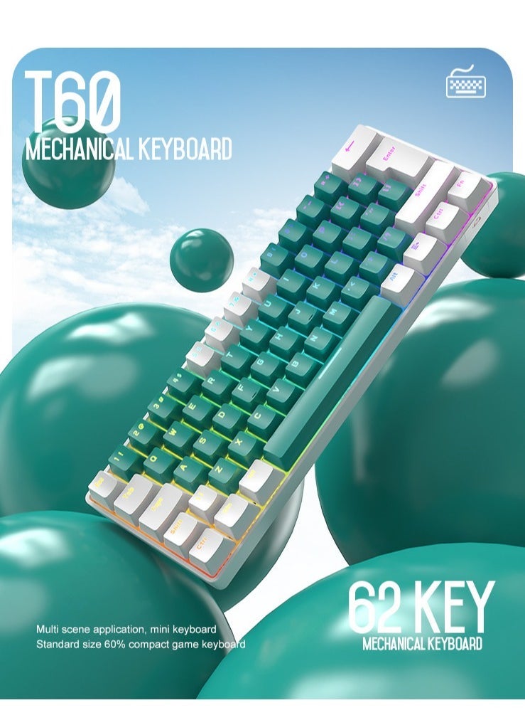 T-WOLF - 62 Keys Colorful Lights Switch Mechanical Gaming Keyboard 75% Mini Wired Waterproof Backlit Silent White RGB Color Suitable for PC/Ps4/Xbox Gamers - Image 1