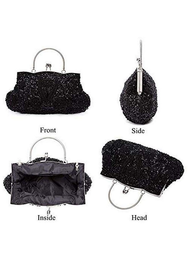 Gets حقيبة يد مسائية كبيرة مزينة بالخرز واللؤلؤ على شكل زهرة للنساء (أسود) - Image 2