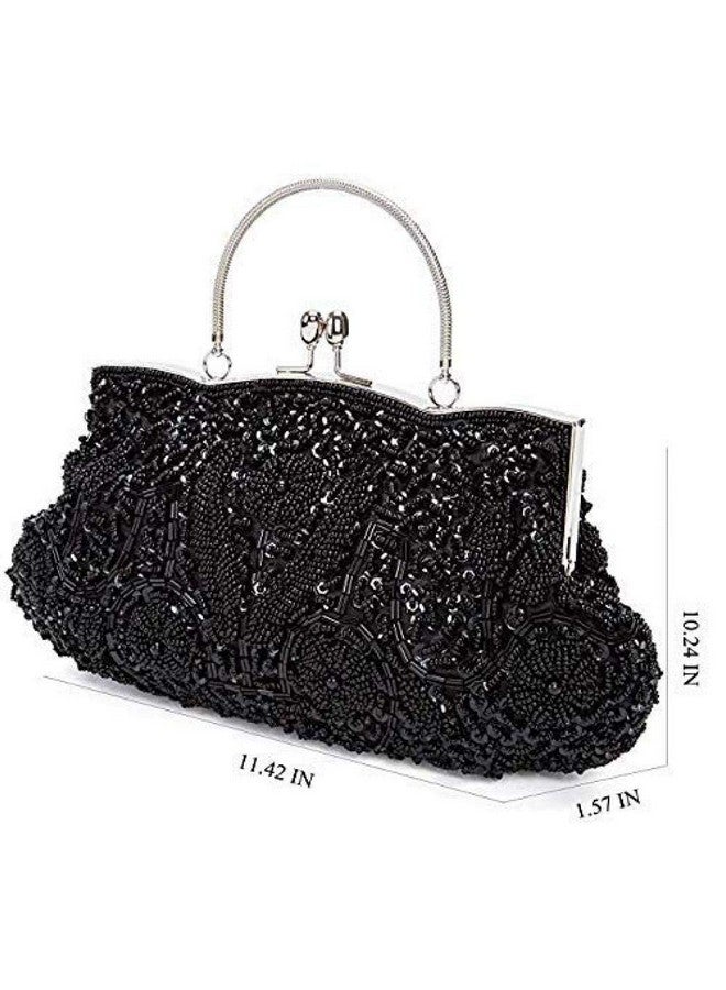 Gets حقيبة يد مسائية كبيرة مزينة بالخرز واللؤلؤ على شكل زهرة للنساء (أسود) - Image 4
