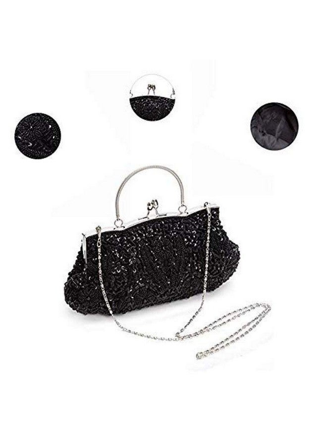 Gets حقيبة يد مسائية كبيرة مزينة بالخرز واللؤلؤ على شكل زهرة للنساء (أسود) - Image 3