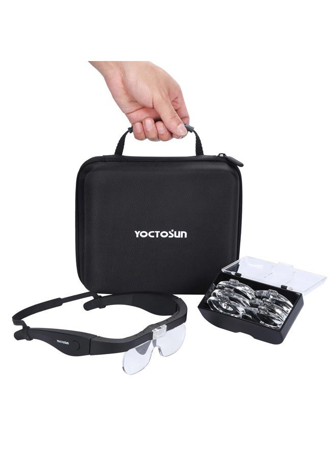 YOCTOSUN Magnifying Glasses with 2 LED Lights,4 Detachable Lenses, Storage Case, Head Strap, Hands Free Headband Magnifier for Close Work, Jewelry, Hobby,Crafts - Image 1