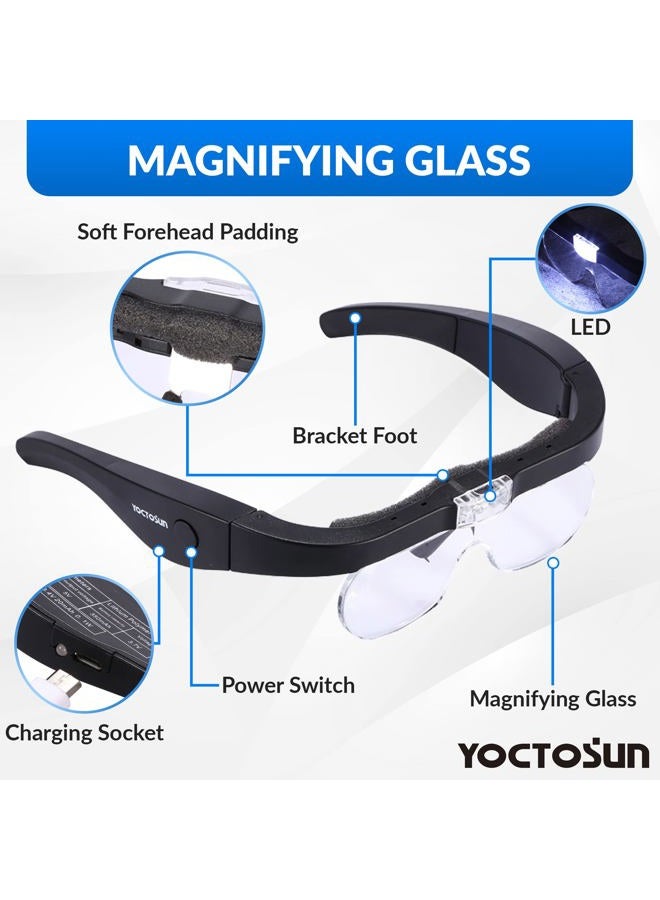 YOCTOSUN Magnifying Glasses with 2 LED Lights,4 Detachable Lenses, Storage Case, Head Strap, Hands Free Headband Magnifier for Close Work, Jewelry, Hobby,Crafts - Image 2