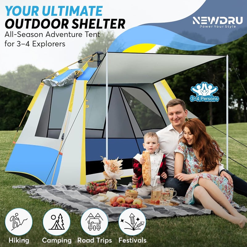 NEWDRU Waterproof Camping Tent for 3-4 Person | UV Protection, Lightweight & Easy Setup | Perfect for Hiking, Trekking & Outdoor Adventures - CampGuard Pro (Silver-Blue) - Image 3