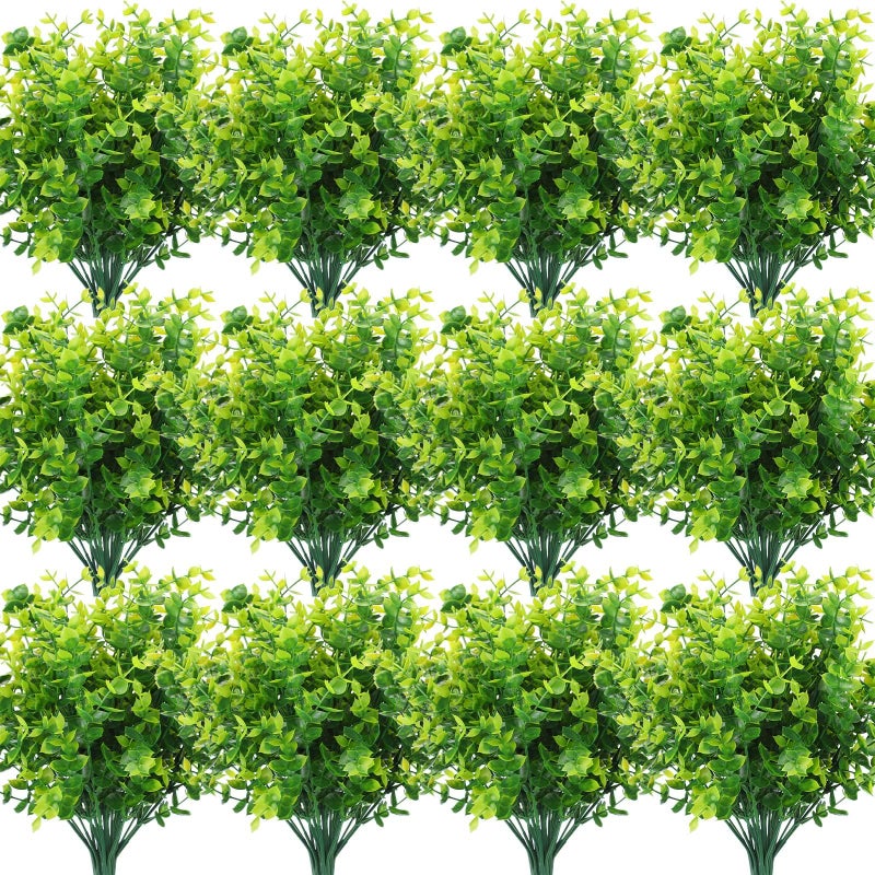 Cindeer 36 Pcs Artificial Boxwood Stems for Outdoors Fake Stems Plants Shrubs Faux Plastic Greenery UV Resistant Picks for Indoor Outside Farmhouse Home Garden Wedding Decor Green