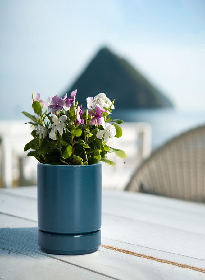 D'vine Dev 4.7 Inch Ceramic Planter Pot with Drainage Hole and Saucer, Indoor Cylinder Round Planter Pot, Teal, 94-O-B-9 - Image 5