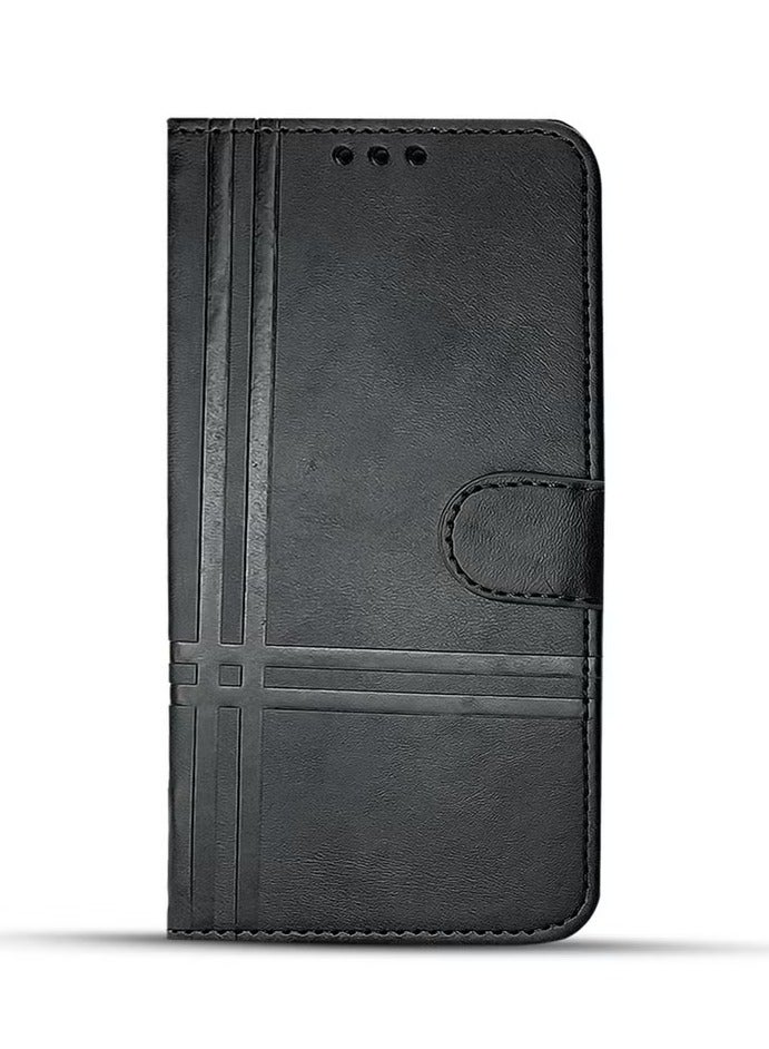 Dual Line Design Flip Leather Case with Card Slot, Kickstand, Magnetic Closure Strap and TPU Silicone Inner Cover Compatible with Honor X7c (6.77 inch) (Black)  - Image 1
