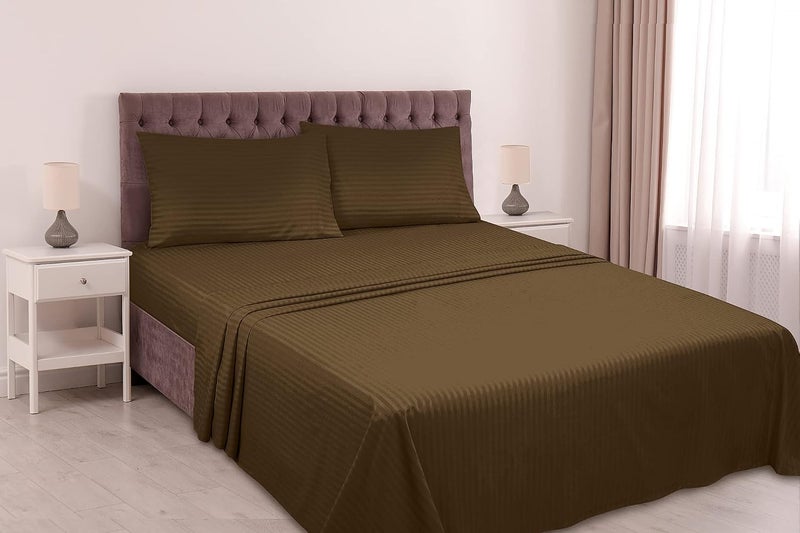 ROYALE LINENS طقم شراشف مخططة من رويال لينينز - فراش مايكروفايبر ناعم 1800 - 1 شرشف مجهز، 1 شرشف مسطح، 1 كيس وسادة - مقاوم للبهتان - طقم شراشف توين مخططة داماسك 3 قطع (توين، شوكولاتة) - Image 2
