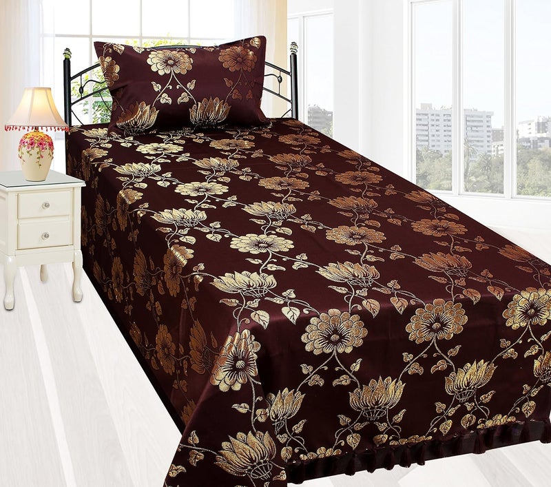 Milan 500TC Polycotton Single Bedsheet with 1 Pillow Cover FloralBrown and Gold - Image 1