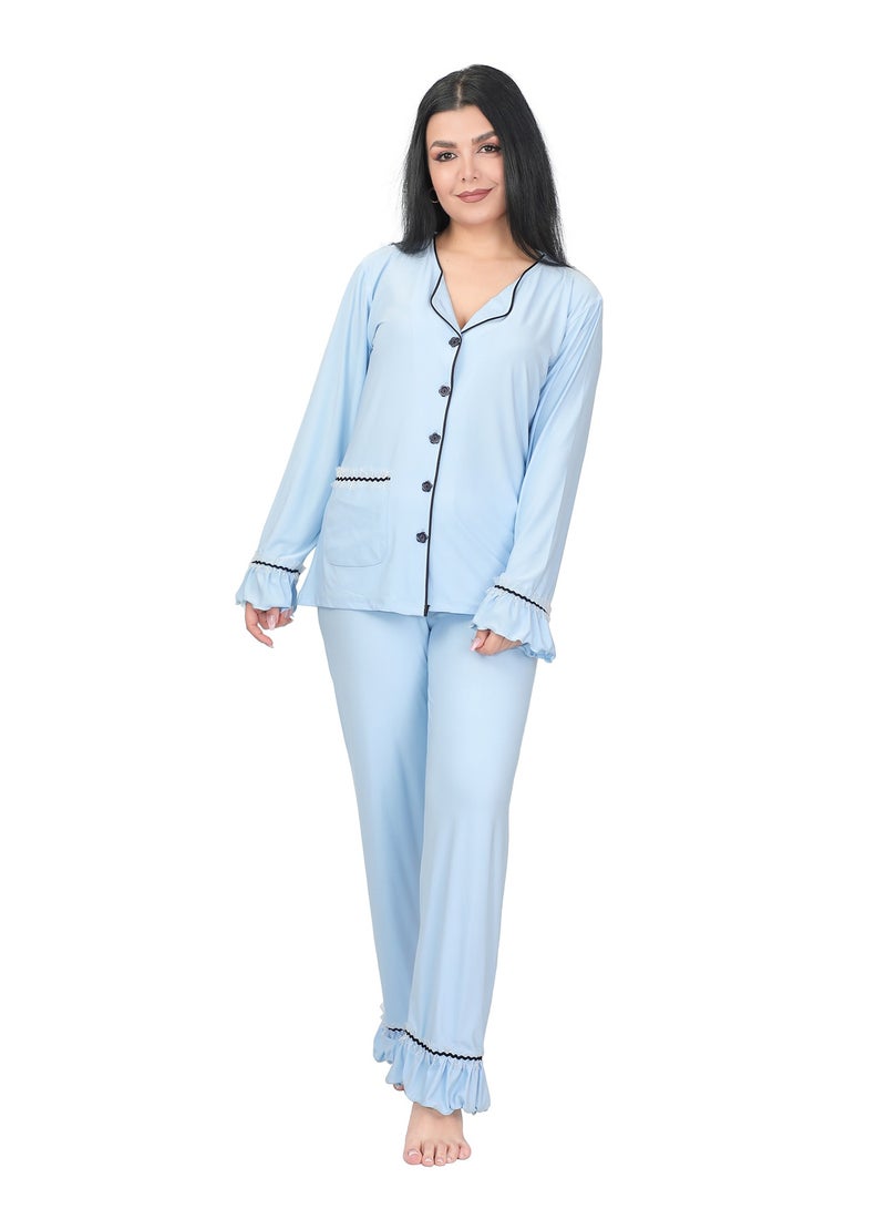 Dadoush Women's Long Sleeve Button Down Pajama Set - 2 Piece Sleepwear Pajamas Set: Pocket T-shirt and Long Pants