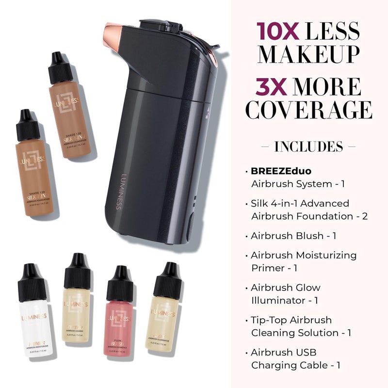 Luminess Breeze Duo Airbrush Makeup System, Deep Coverage â€“ 9-Piece Kit includes 2x Silk Airbrush Foundation, Apricot Shade Blush, Glow Highlighter, Moisturizer Primer, and Airbrush Cleaning Solution - Image 2