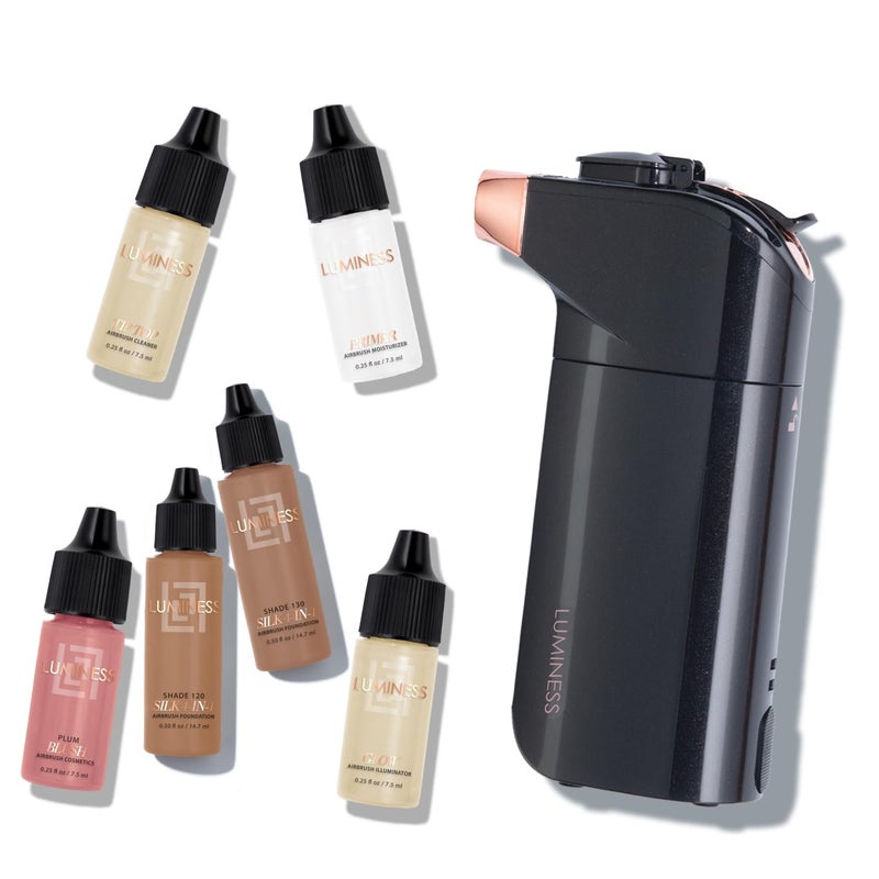 Luminess Breeze Duo Airbrush Makeup System, Deep Coverage â€“ 9-Piece Kit includes 2x Silk Airbrush Foundation, Apricot Shade Blush, Glow Highlighter, Moisturizer Primer, and Airbrush Cleaning Solution - Image 1
