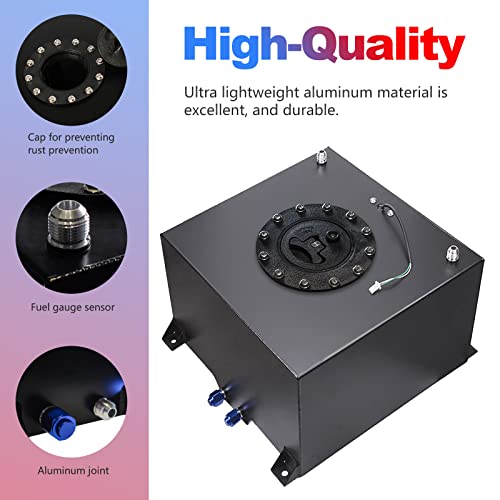Edicapo Universal 5 Gallon 20L Fuel Cell Tank Polished Aluminum Black with Cap/Level Sender/12FT Oil Feed Line - Image 3