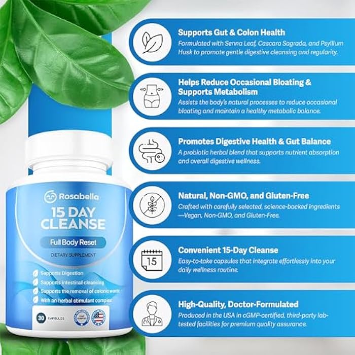 Rosabella 15 Day Cleanse – Full Body Detox & Colon Cleanse for Men & Women – Gut Cleanse Detox Pills for Digestive Health & Bloating Relief – Doctor-Formulated, Non-GMO, 30 Vegan Capsules - Image 5