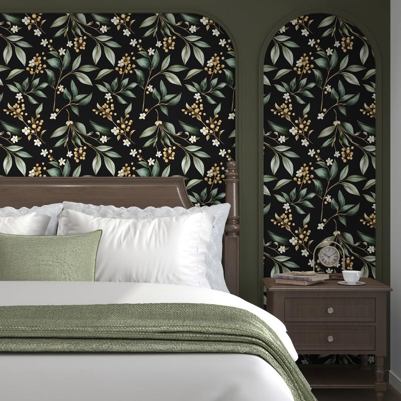 VOLEAAR Dark Peel and Stick Wallpaper Vintage â€“ Dark Green Leaf Removable Self-Adhesive Vinyl for Bathroom Bedroom Kitchen Drawer Cabinet, Black Green Gold Floral Wall Decor Retro Style 17.5" x 118" - Image 5