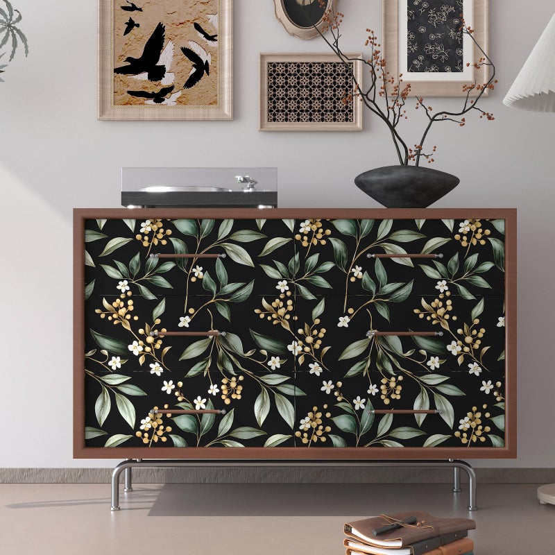 VOLEAAR Dark Peel and Stick Wallpaper Vintage â€“ Dark Green Leaf Removable Self-Adhesive Vinyl for Bathroom Bedroom Kitchen Drawer Cabinet, Black Green Gold Floral Wall Decor Retro Style 17.5" x 118" - Image 2