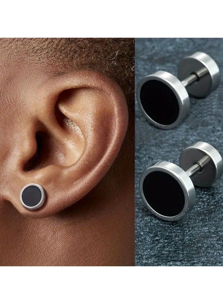 Home Clearance Sale 2pcs Punk Stainless Steel Dumbbell Earrings Round Oil Drip Stud Earrings for Men Hip Hop Jewelry Gift  - Image 1
