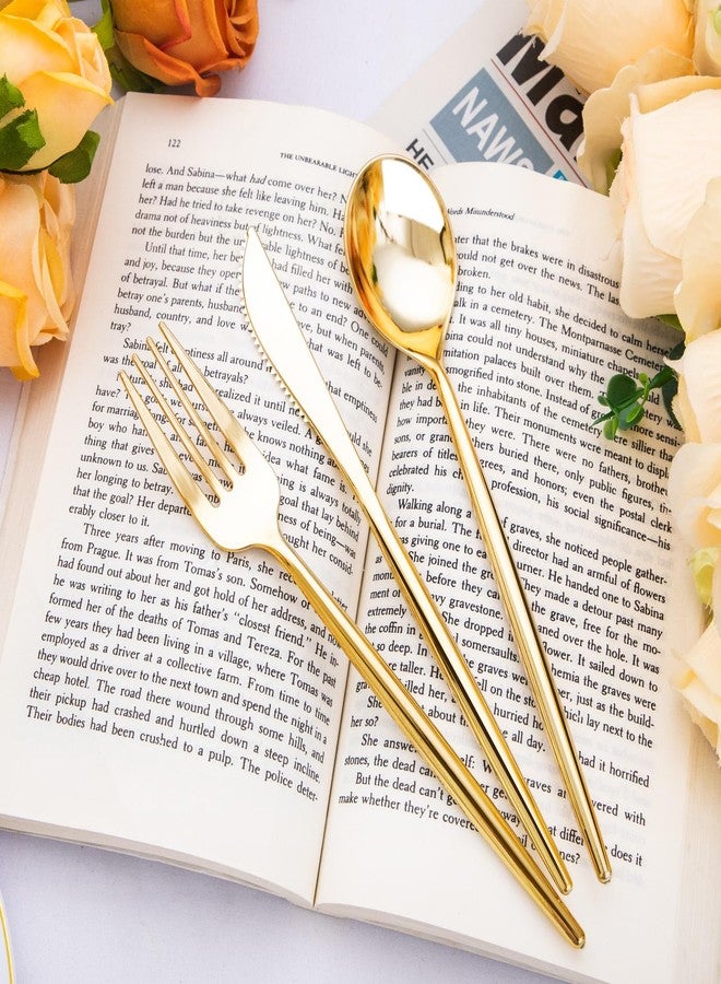 SUT 300 Pcs Gold Plastic Cutlery, Gold Utensils Disposable, Gold Plastic Silverware Set Include 100 Gold Plastic Forks, 100 Gold Plastic Spoons, 100 Gold Plastic Knives Heavy Duty Flatware for Party - Image 5