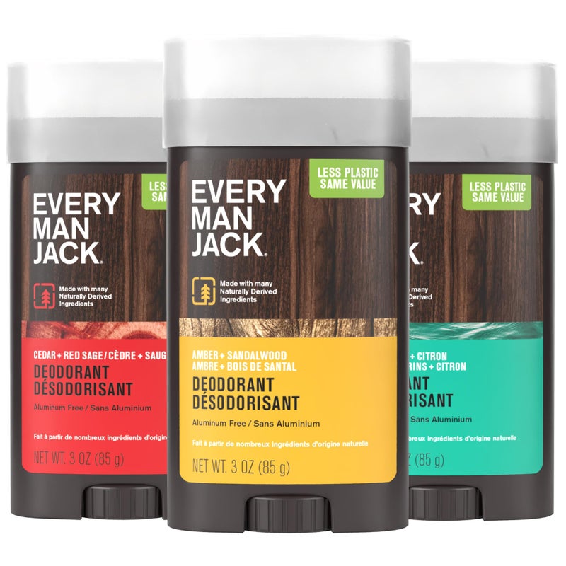 Every Man Jack Men's Deodorant Variety Set - Three Full-Sized Deodorant Sticks with Clean Ingredients & Incredible Scents - Cedar + Red Sage, Amber + Sandalwood, Sea Mineral + Citron - 3 oz - 3 Pack - Image 1