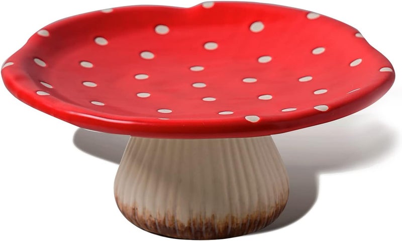 RESVUGA Mushroom Cake Stand, 9 in Polka Dot Safety Ceramic Display Plate Serving Tray, Cute Dinner Plates, Pasta & More. - Image 1